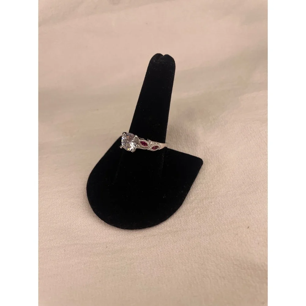 Vintage Style Round Cut CZ Ruby Red Accent Silver Tone Filigree Ring Size 9